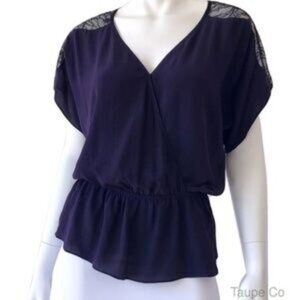 Sugarlips Womens Dark Purple Silk Peplum Blouse W/ Black Lace Back & Surplice Ne